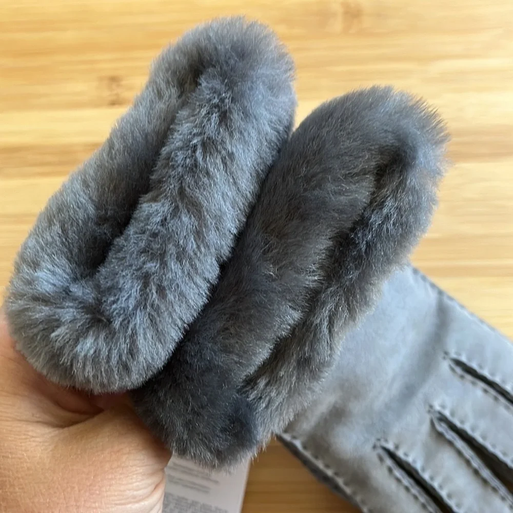 Brand New UGG Sheepskin Handsewn Seamed Gloves Gray Touchscreen Leather Trim